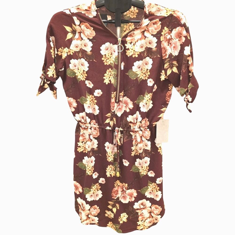 Floral Mini Dress J for Justify Womens M Burgundy Zip Front Tie Sleeve Boho NWT